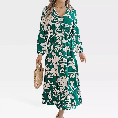 Women Long Sleeve Dress Floral Fall Dress Long Sleeve V Neck Smocked Waist A Line Maxi Dress with Flounce Hem Flowy Causal Dress