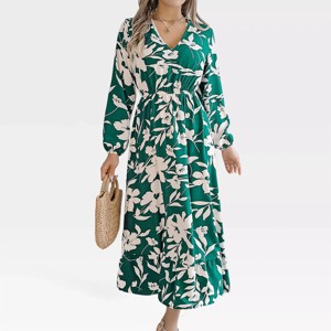 Women Long Sleeve Dress Floral Fall Dress Long Sleeve V Neck Smocked Waist A Line Maxi Dress with Flounce Hem Flowy Causal Dress - 1 of 4
