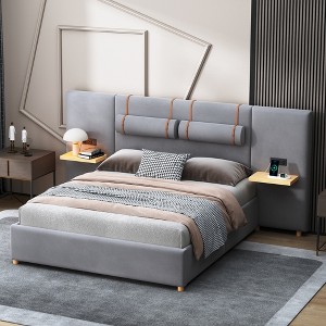 Full/Queen Size Velvet Upholstered Platform Bed with USB Charging Ports, Big Headboard Bed with 2 Bedside Pillows and Shelves 4Q-ModernLuxe - 1 of 4