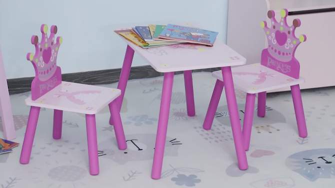 Qaba 3-Piece Kids Wooden Table and Chair Set with Crown Pattern Gift for Girls Toddlers Arts Reading Writing Age 2-4 Years Pink, 2 of 10, play video
