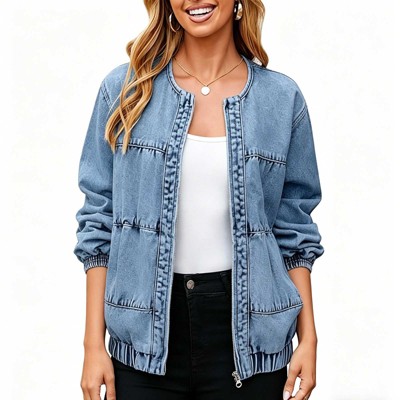 Женские куртки YesFashion Women's Casual Round Neck Denim Jacket, Zip Up Loose Fit Bomber Outerwear Coat Dark blue S — фото 4