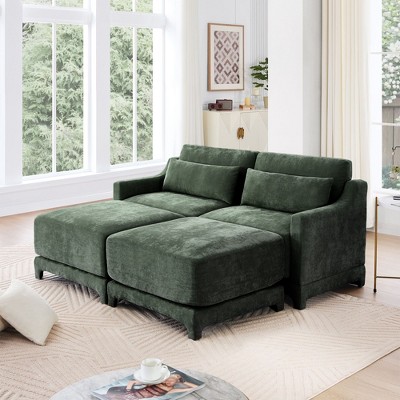 2-Seater Chenille Fabric Beige Sofa with 2 Ottoman and 2 Lumbar Pillows High Resilience Sponge Easy Install