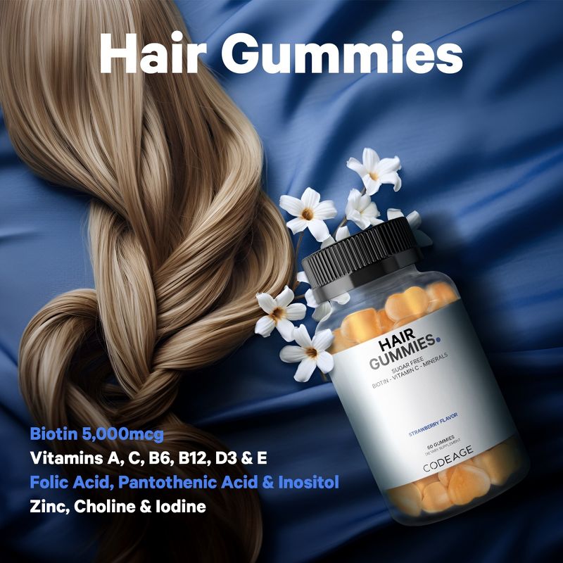 Codeage Hair Gummies, Biotin, Vitamin C, Inositol, Zinc, Folic Acid, Sugar-Free Supplement - 60ct, 4 of 10
