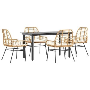 vidaXL 5 Piece Patio Dining Set - Brown PE Rattan with Cushions, Tempered Glass Tabletop - Perfect for Garden, Yard, or Patio Outdoor Furniture - 1 of 4