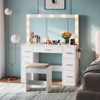 GALAXHERO Vanity Desk with LED Mirror, Power Outlets & 7 Drawers - Includes Stool for Bedroom Dressing Room,White