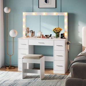 GALAXHERO Vanity Desk with LED Mirror, Power Outlets & 7 Drawers - Includes Stool for Bedroom Dressing Room,White - 1 of 1