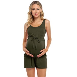Clearlove Maternity Romper Shorts Women's Bodysuit Scoop Neck Sleeveless Tank Top High Waist Belt Jumpsuit for Pregnant - 1 of 4