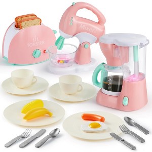 SYNCFUN Play Kitchen Toys, Pretend Play Kitchen Appliances Toy Set with Coffee Maker, Mixer, Toaster, Christmas Birthday Gift for Kids Ages 3+,Pink - 1 of 4