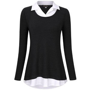 Women's Contrast Collared Shirts Patchwork Work Blouse Tunics Tops - 1 of 4