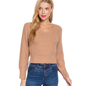 Slickblue Cozy V-Neck Ribbed Sweater, Long Puff Sleeve Detail, Black/Khaki/Vintage Blue, Sizes S-L - 1 of 4