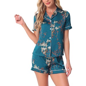 cheibear Women's Summer Short Sleeves Button Down Shirt with Shorts Pajamas Sets - 1 of 4