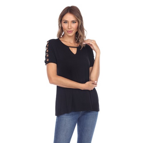 Women's Keyhole Neck Cutout Short Sleeve Top Black Large - White Mark