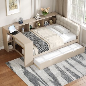 Twin/Full Size Daybed with Storage Shelves, Trundle, Charging Station & Upholstered Headboard - ModernLuxe - 1 of 4