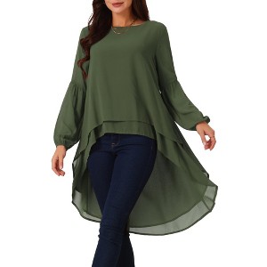 Seta T Women's Lantern Long Sleeve Round Neck High Low Irregular Hem Casual Blouse - 1 of 4