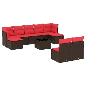 vidaXL 10 Piece Patio Sofa Set with Cushions Brown Poly Rattan - Brown and Red With Table - 1 of 4
