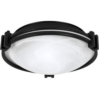Possini Euro Design Deco Modern Ceiling Light Flush Mount Fixture 12 3/4" Wide Black 2-Light Marbleized White Glass Bowl Shade for Bedroom Kitchen