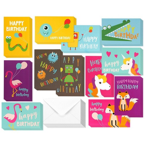 48 Pack Children Birthday Cards Unicorn, Flamingo, Monster Designs Happy Birthday Greeting Cards Assortment Kids - Bulk Box Set Envelopes, 4x6" - image 1 of 3