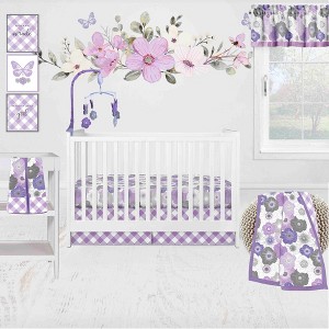 Bacati - Watercolor Floral Purple Gray 10 pc Girls Baby Crib Bedding Set with 2 Crib Fitted Sheets 100% cotton fabrics - 1 of 4