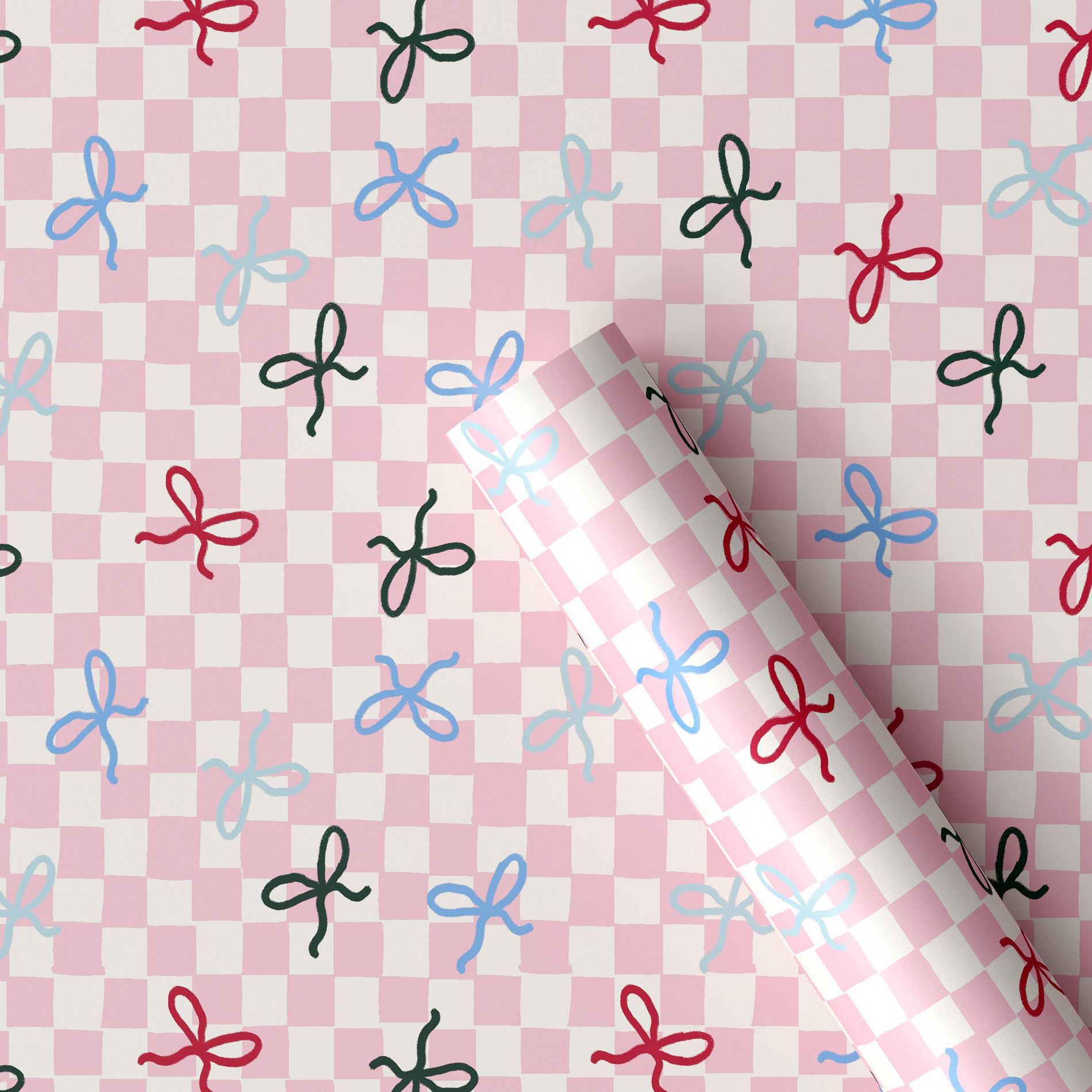 30” 25 sq ft Christmas Roll Wrap Colorful Bows on Pink Check - Wondershop™