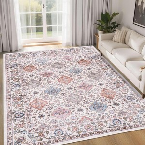 Machine Washable Vintage Floral Printed Area Rug Low Pile Non Slip Stain Resistant Oriental Medallion Design Boho Floor Rug for Living Room Bedroom - 1 of 4