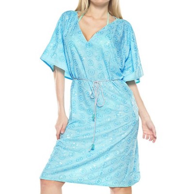 LA LEELA Women's House Daily Routine Evening Wear Vacation Casual Dailywear Holiday Loose House Dress Caftan Mini Loungewear Tunics 2X-3X Blue, Solid