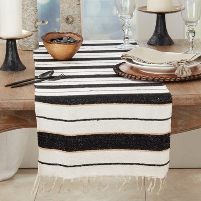 Black and White Cotton Striped Table Runner with Fringe, 16"x72"