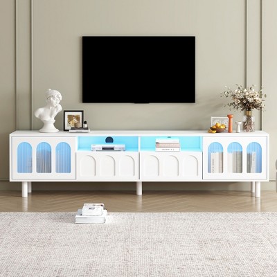 CAVINAS TV Stand with LED for TVs up to 80 Inch,Entertainment Center with Fluted Tempered Glass Doors,TV Stands for Living Room
