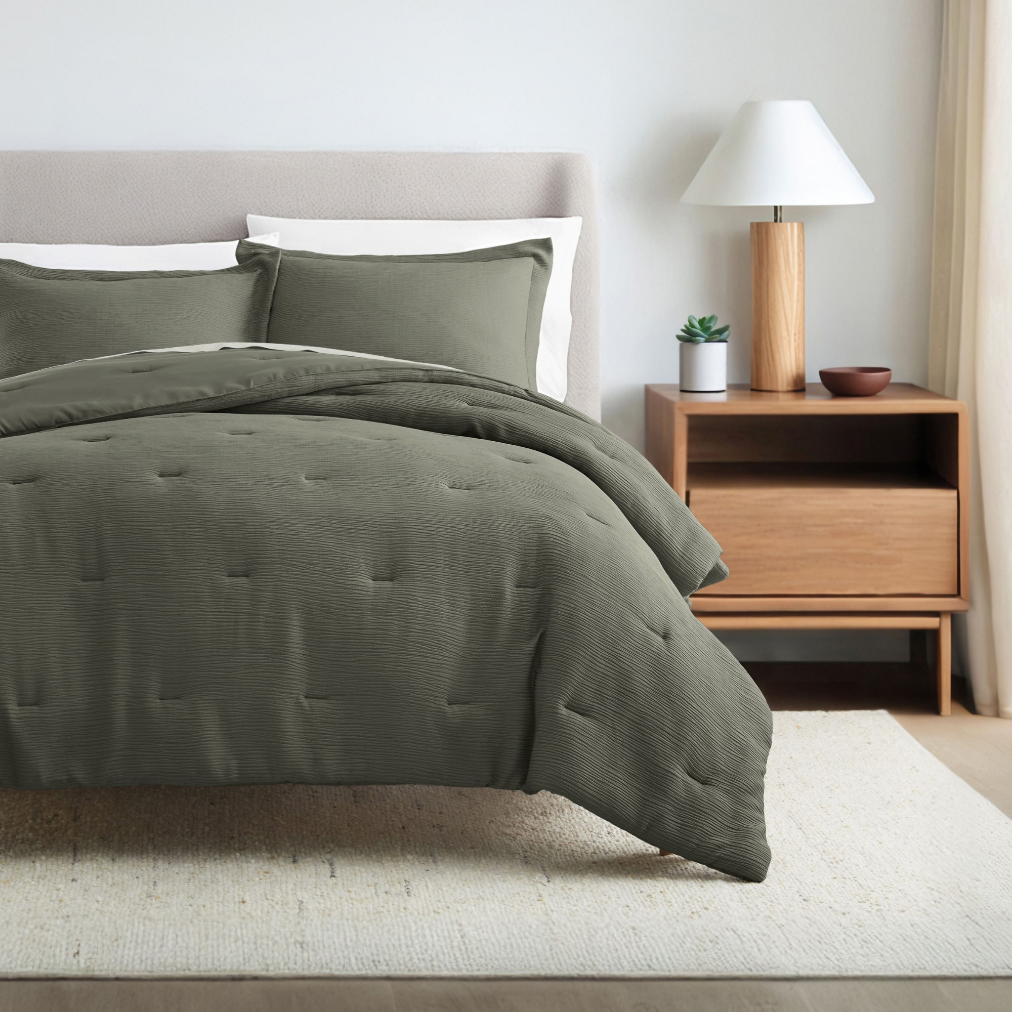 Cloud Weave Textured Comforter Set, Plush All-Season Down Alternative, Ultra Soft, 3-Piece Set - Becky Cameron, Olive, Full/Queen