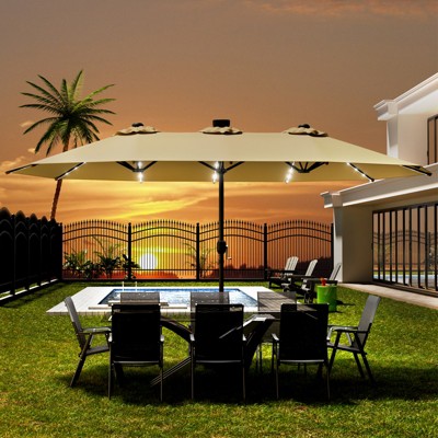 Maggift  15ft Large Patio Umbrella with Solar Lights, Twin Umbrella Outdoor Patio, Double-Sided Rectangle Market Umbrella for Garden, Brown 181.1"