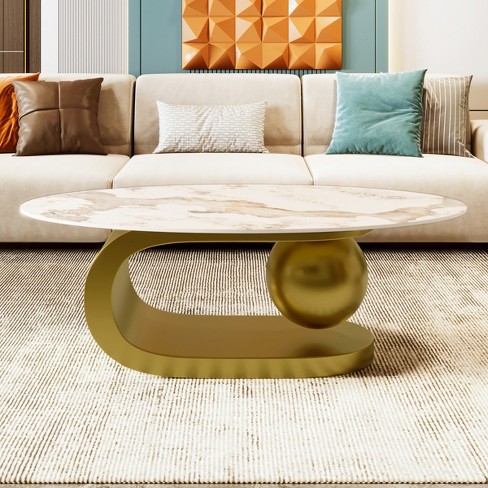 Modern Oval Coffee Table, Side Table with Marble Pattern Sintered Stone, Table Tabletop with Gold Stainless Steel Base in 47 Inch-Cuddlewood - image 1 of 4