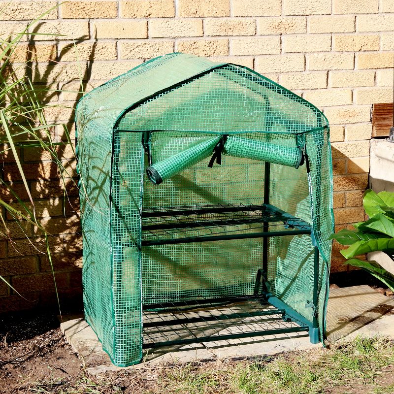 Sunnydaze Outdoor Portable Growing Rack 2-Tier Greenhouse with Roll-Up Door - 2 Shelves - Green, 3 of 14