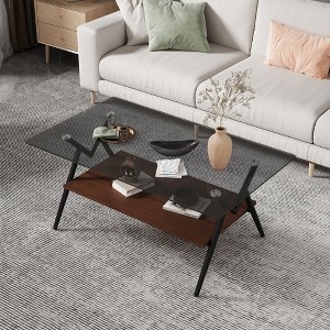 NicBex Modern Trapezoid Coffee Table with Tempered Glass Top & Metal Legs,2-Tier Wood Center Table for Living Room,Living Room Furniture - 1 of 4