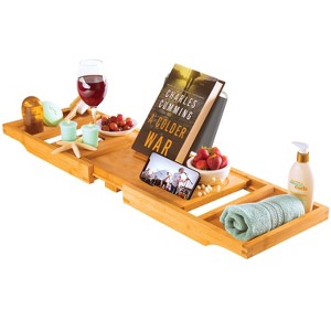 Luxury Bamboo Bathtub Tray Caddy - Expandable and Foldable Nonslip Bath Caddy with Book/Tablet and Wine Glass Holder - Best Gift for Him or Her - 1 of 4