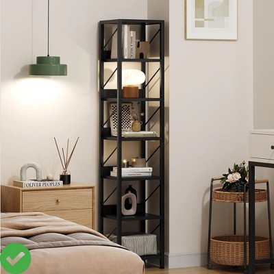 L-Shape 6 Tier Narrow Bookshelf Tall Skinny Bookcase Storage Rack Rustic Corner Shelf Metal Frame Small Freestanding Bookshelves