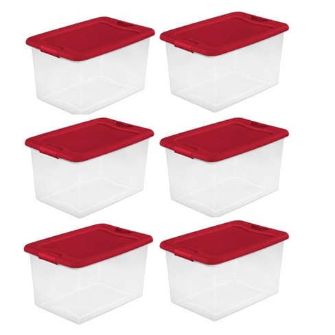 Sterilite 64 Qt Latching Storage Box, Stackable Bin with Latch Lid,  Organize Holiday Decor in Closet, Clear Base with Red Lid, 6-Pack