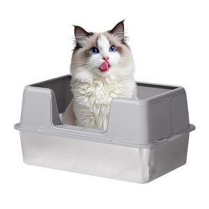 Large Stainless Steel Semi-Closed Cat Litter Tray,  Easy to Clean, High Removable Metal Cat Litter Tray with Non-Slip Mat, Cat Litter Scoop - 1 of 4