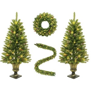 Prelit Holiday Christmas 4-Piece Set, Garland Wreath and Set of 2 Entrance Artificial Christmas Trees, PVC Celebrating Set - 1 of 4
