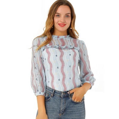 INSPIRE CHIC Women's 3/4 Sleeves Ruffle Mock Neck Sheer Lace Blouse