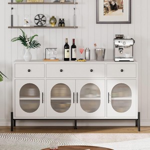 Buffet Cabinet with Storage, Wooden Buffet Cabinet with 3 Drawers & 4 Glass Doors, Coffee Bar Cabinet Buffet Table for Dinning Room, Kitchen - 1 of 4