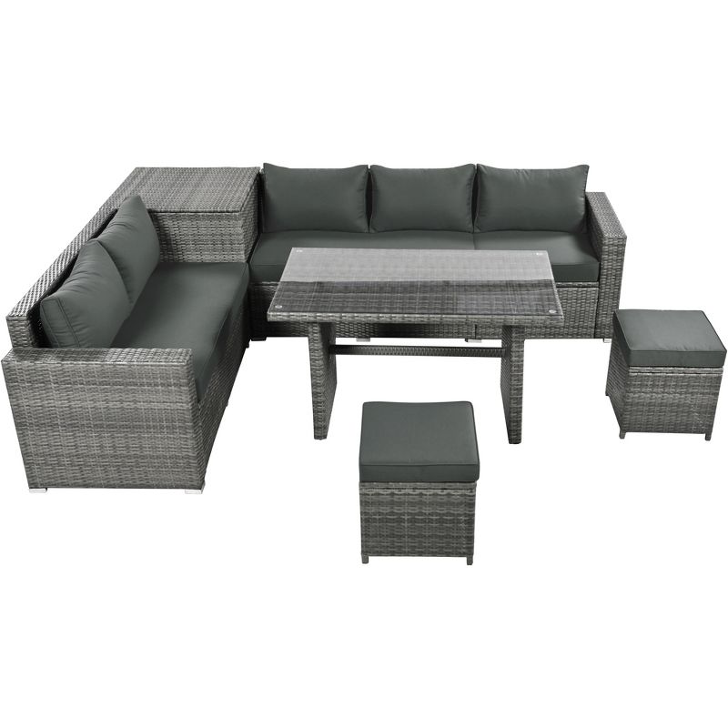 6PCS Patio PE Rattan Conversation Set, Outdoor Wicker Sectional Sofa with Storage Box and Tempered Glass Top Table-, 2 of 15