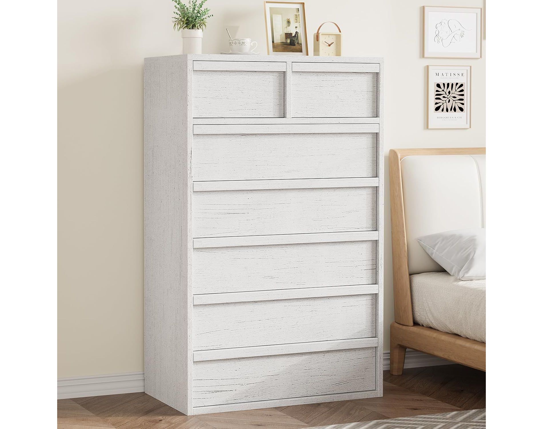 Natural Wooden 7-Drawer Tall Dresser with Spacious Drawers, Modern Organizer for Bedroom, Living Room, Nursery & Entryway