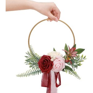 Bridal Wedding Bouquet Artificial Rose Wreath, Portable Bridesmaid Holding Flowers for Romantic Party Decor (Red) - 1 of 4