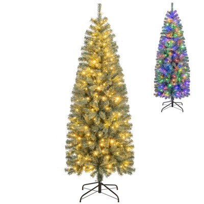 Tangkula 9/7.5/6.5/4.5 FT Pre-lit Artificial Christmas Tree, Hinged Pencil Xmas Tree w/ 1168/724/556/256 Blue Branch Tips, 500/250/200/100 Warm White & Multi-color LED Lights