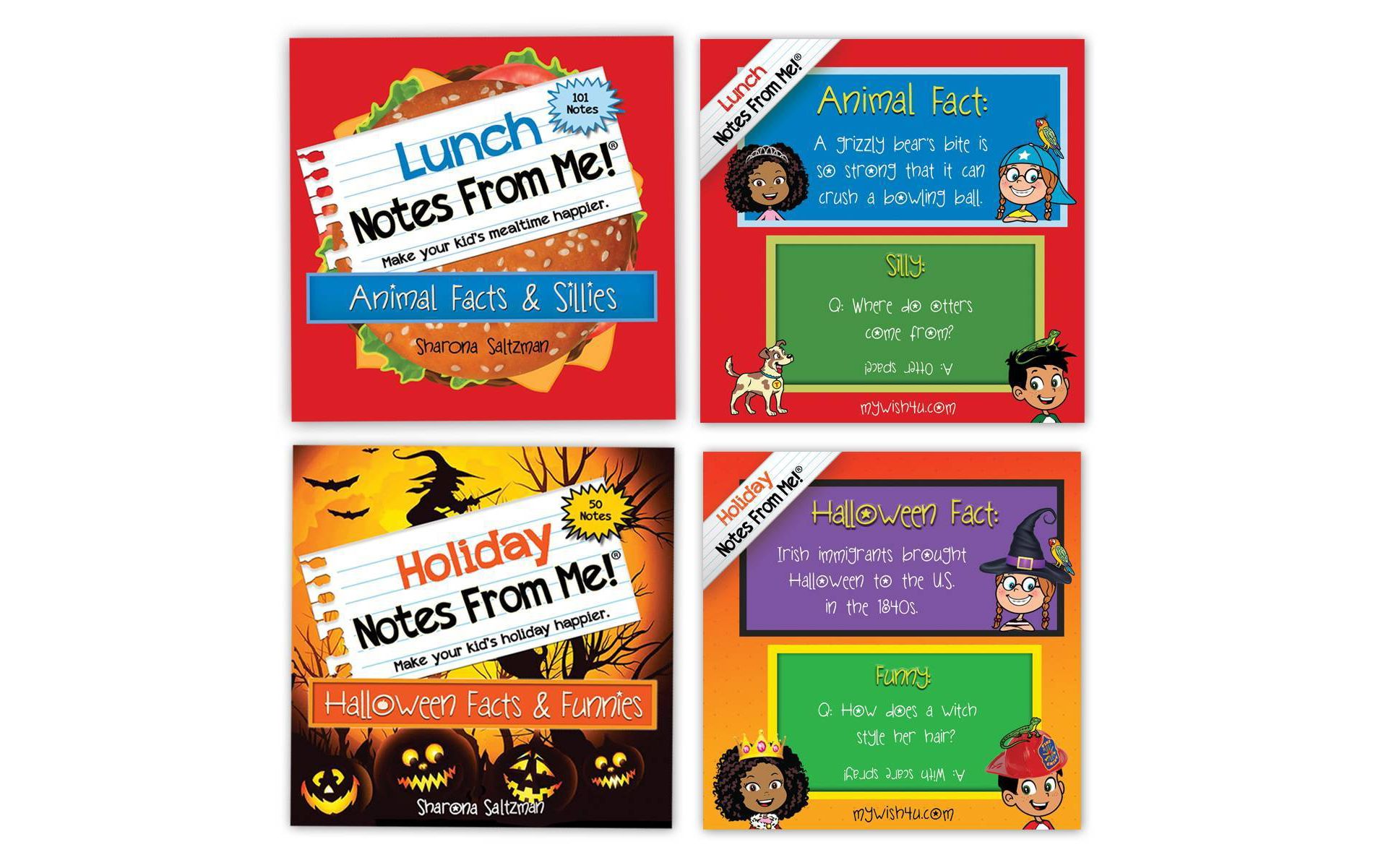 MyWish4U Back to School 2pk Kids' Lunch Box Notes, Animal Facts and Sillies with Halloween Facts and Funnies - 151 notes