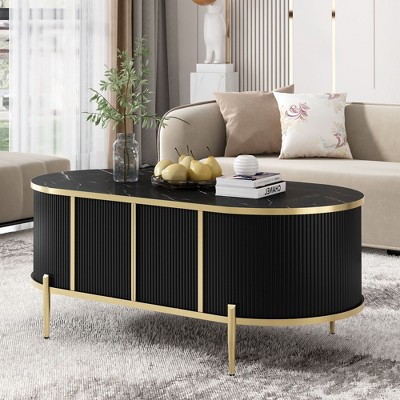 NicBex Modern Luxury Oval Fluted Coffee Table with Storage Cabinets,Marble-Patterned Top & Metal Legs,Living Room Furniture
