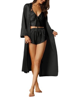 Cheibear Womens Satin Sleepwear 3pcs Cami Tops And Shorts With Robe  Loungewear Pajama Set Black Small : Target