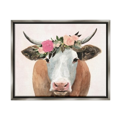 Stupell Industries Springtime Flower Crown Farm Cow with Horns