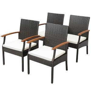 Tangkula Set of 4 PE Wicker Chairs Acacia Wood Armrests w/ White Soft Zippered Cushion Patio - 1 of 4