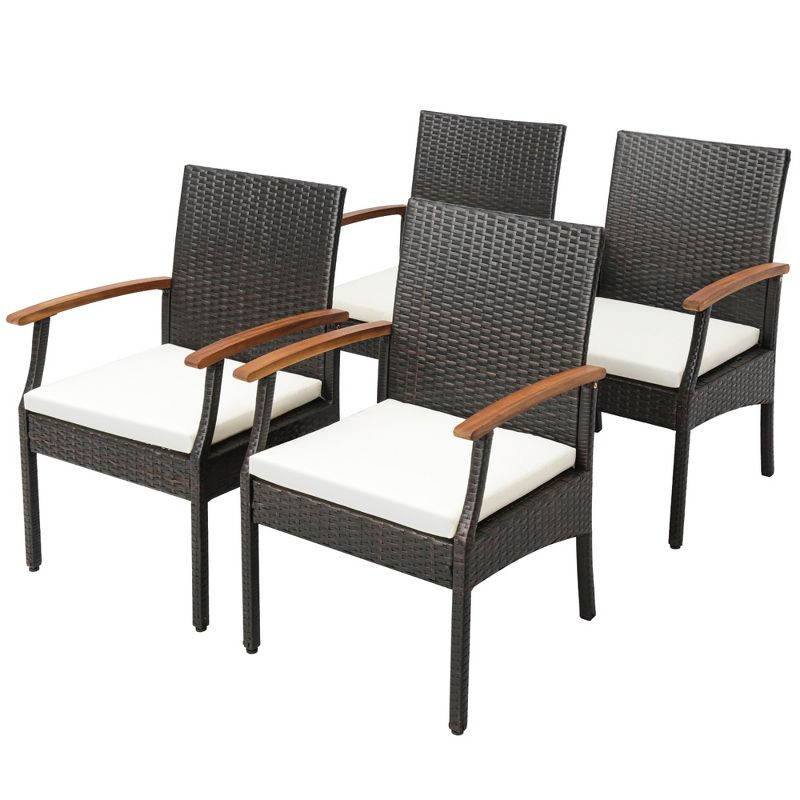 Tangkula Set of 4 PE Wicker Chairs Acacia Wood Armrests w/ White Soft Zippered Cushion Patio, 1 of 5