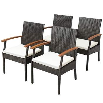 Tangkula Set of 4 PE Wicker Chairs Acacia Wood Armrests w/ White Soft Zippered Cushion Patio